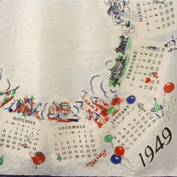 1949 Calendar Scarf Vintage Silk Print Scarf By Kimbal