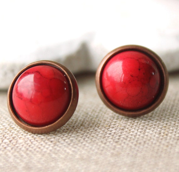 Simple Red Stud Earring Red Clip On Earrings Red Domed Earring