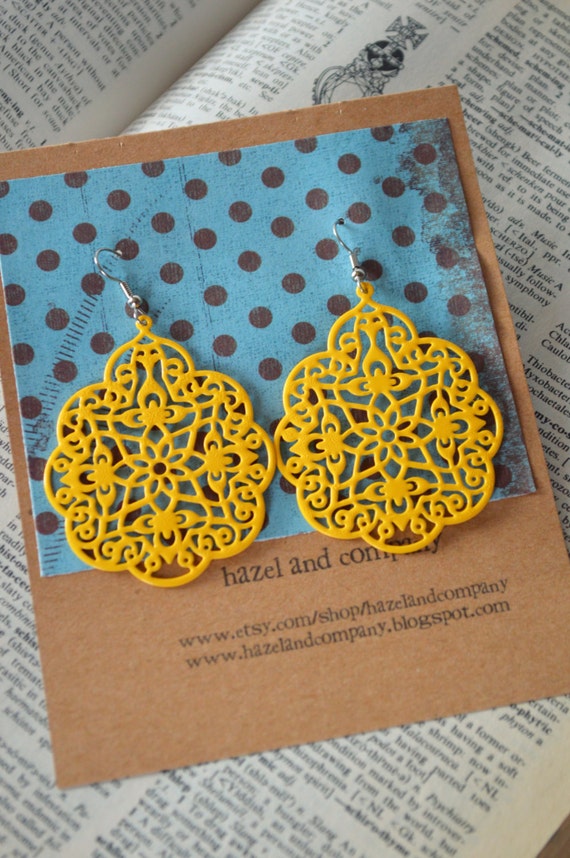 Large Bright Sunshine Yellow Metal Filigree Boho Earrings Dangle Dangly Lacy Lace Bohemian Hippie Chic