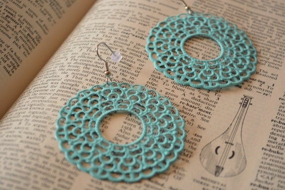 Large Tiffany Blue Metal Filigree Boho Earrings Dangle Dangly Lacy Lace Bohemian Hippie Chic