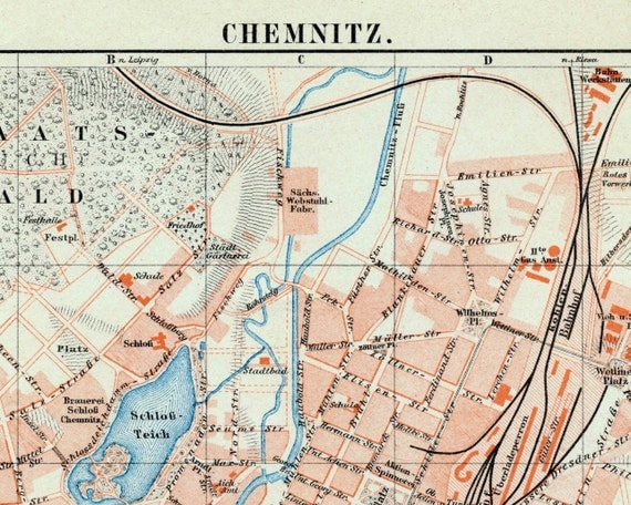 Antique City Map of Chemnitz Germany. With Street by bananastrudel
