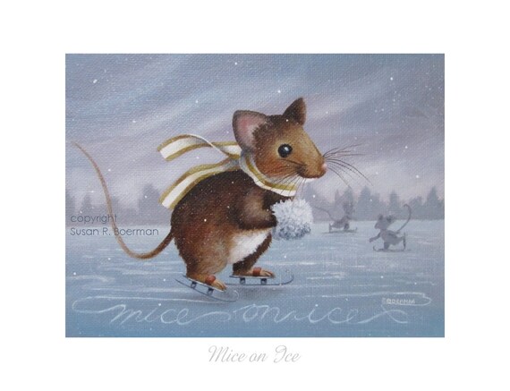 8 x 6 Mice on Ice Fine Art Print of a Mouse with a by susanville