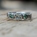 ethical three sapphire wedding band engagement ring . fair trade green sapphire ring . recycled silver white sapphire ring by peacesofindigo