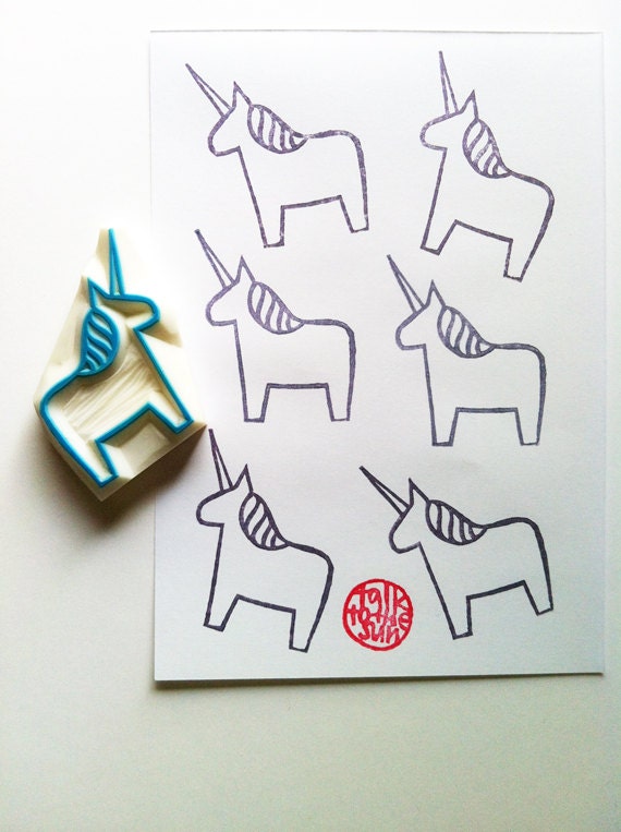 unicorn hand carved rubber stamp. custom dala horse stamp.