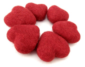 Felt Red Heart - 6 Pure Wool Beads 30mm