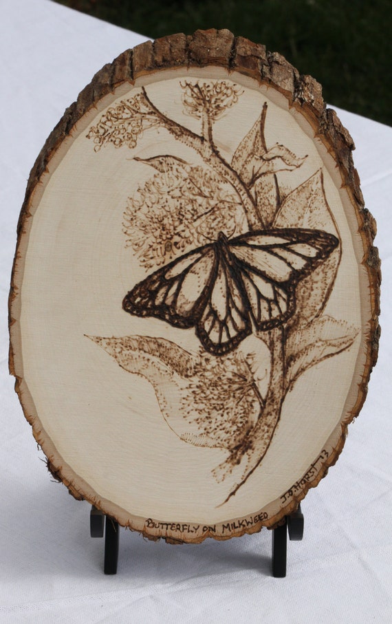 Butterfly on Milkweed Original Wood Burning by J.D.Horst
