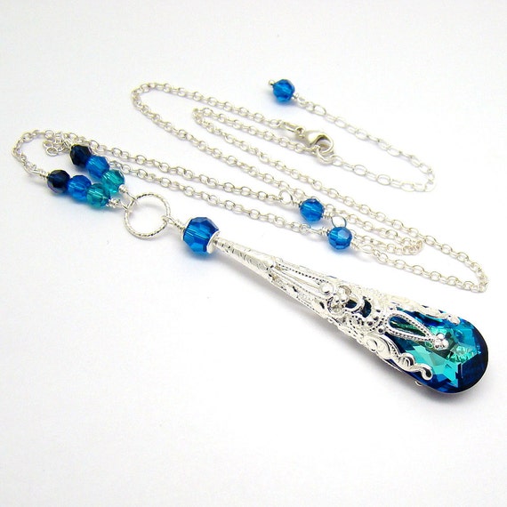 Blue Necklace Pendant Bermuda Blue Swarovski Jewelry Silver