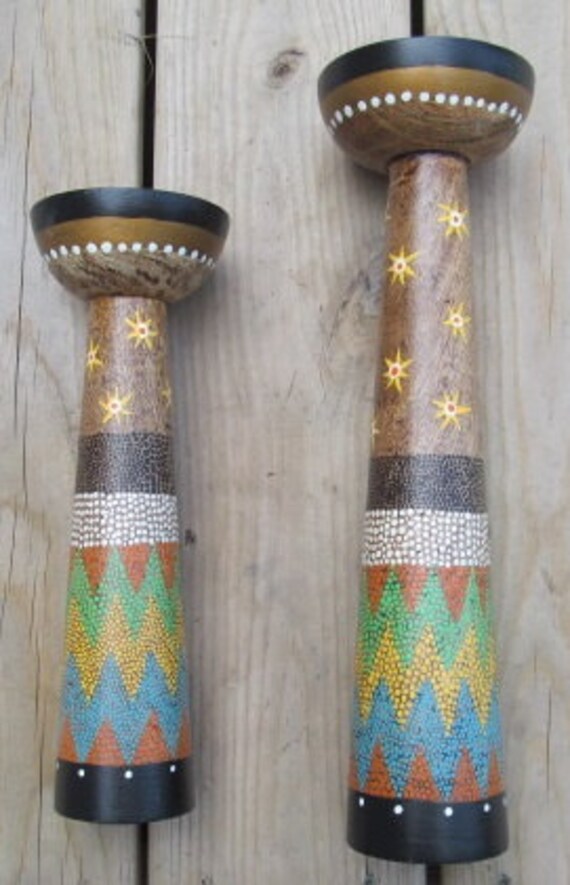 Pair upcycled tall wood candlesticks holders hand painted
