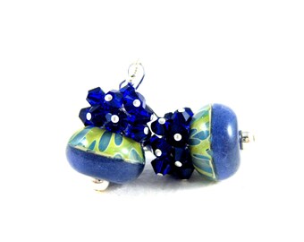 Blue Yellow Glass Earrings, Cobalt Blue Crystal Earrings, Boro Lampwork Earrings, Cluster Earrings, Beadwork Earrings - Sunny Side