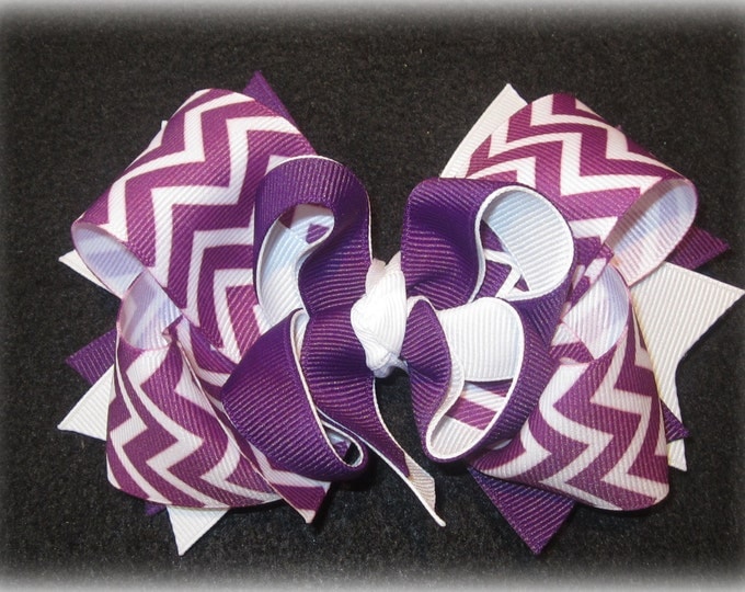 purple hairbow, chevron hair bow, Sugar Plum Purple Chevron Bow, Boutique Hair Bow, Purple Bows, stacked hair bow, 5 inch bows, large bows
