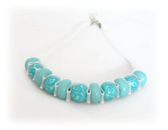 Turquoise Bead Necklace  Blue Ribbon Necklace  by Lottieoflondon
