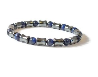 Men's Magnetic Therapy Bracelet, Midnight Blue Cat's Eye & Black Hematite, Arthritis Jewelry