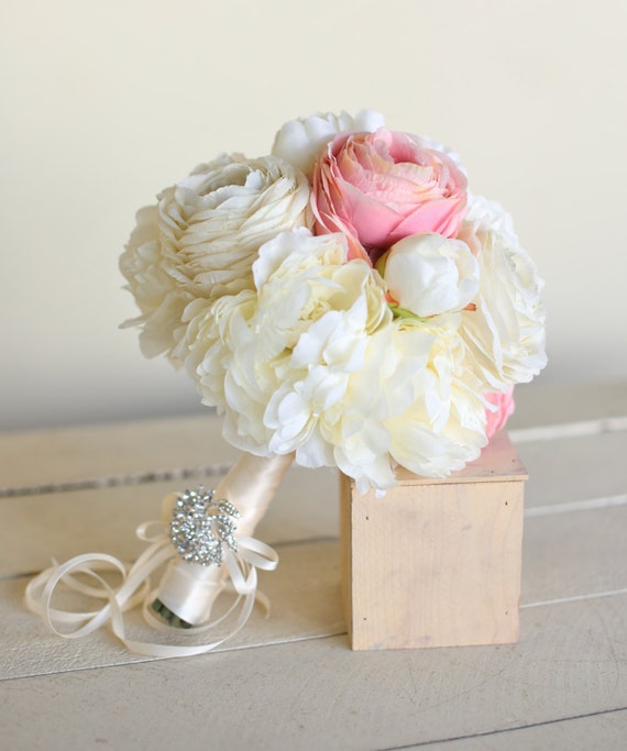 Silk Bridal Bouquet Pink Roses Baby's Breath Rustic Chic Wedding NEW 2014 Design by Morgann Hill Designs by braggingbags