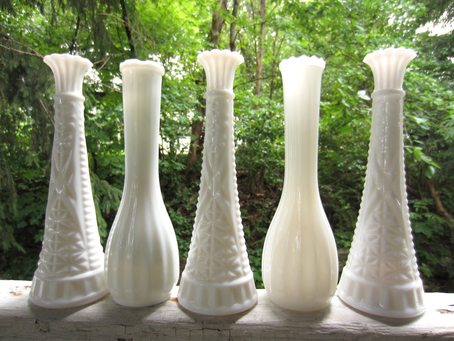 Vintage Set of 5 Tall Milk Glass Vases White Wedding Garden