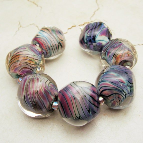 Sra Lampwork Glass Bead Set Organic Iridescent Blue Purple