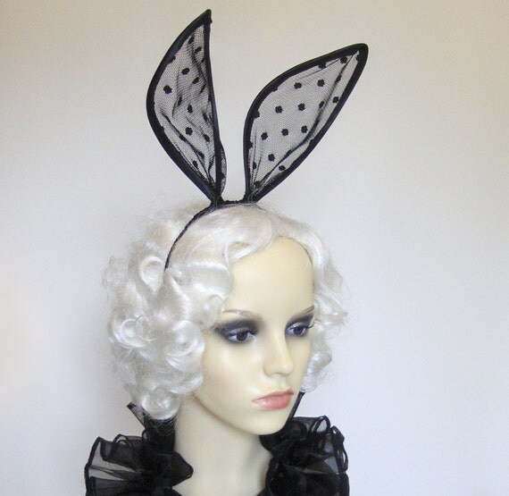 Black lace dotty bunny ears headband by talulahblue on Etsy