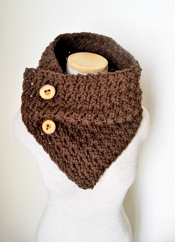 Crochet Cowl Neckwarmer Scarf in Chocolate with Wooden Tree Buttons by MegansMenagerie on Etsy