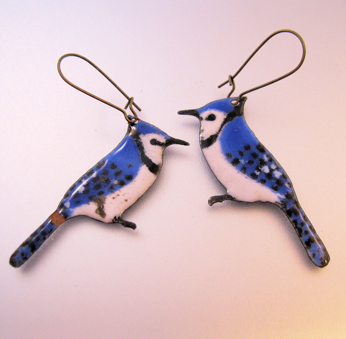Vintage Artist Made Enamel Bird Blue Jay Earrings Pierced