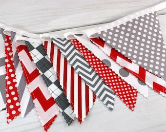 Bunting Banner, Photography Prop, Fabric Flags, Baby Nursery Decor, Birthday Decoration - Red and Gray Chevron,Dots,Gingham