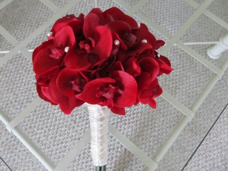 Red true touch orchid wedding bouquet with by MyFavorsandFlowers