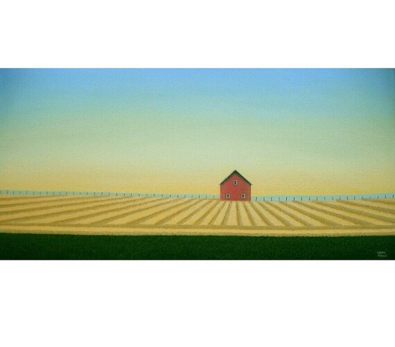 Abstract FARM PAINTING 12 x 24 Large Old Red BARN