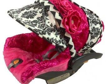 Black & White Damask Custom Infant Car Seat Cover, Hot Pink and Black and White, Baby Car Seat Cover, Fancy Baby Car Seat Covers