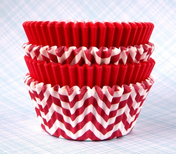 Red Mix Cupcake Liners - Designer Chevron and Solid Baking Cups (50) Il_570xn