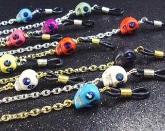 Howlite Skulls with midnight blue eyes, Eyeglass Lanyard