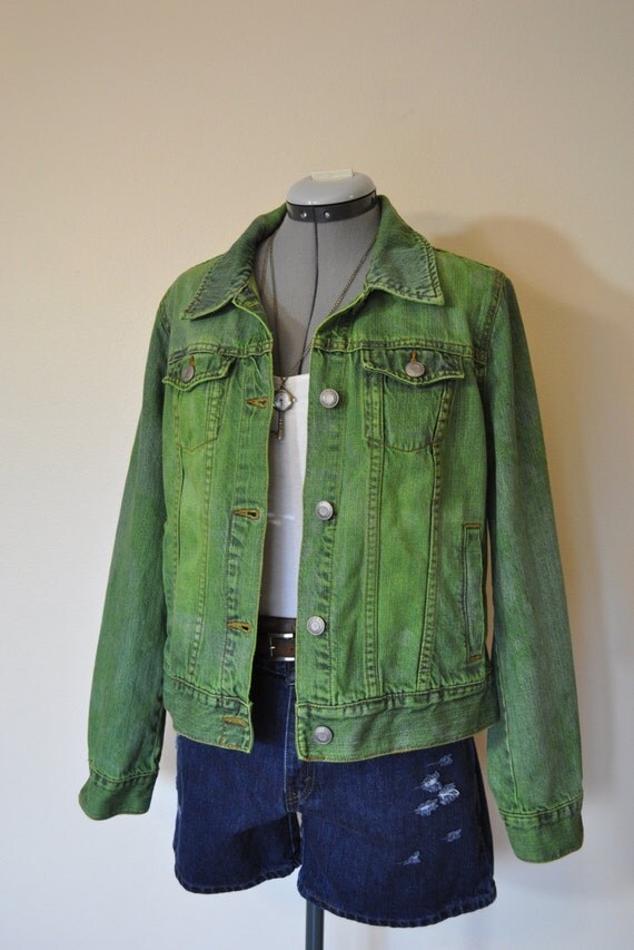 Green Large Denim JACKET Kelly Lime Green Hand Dyed Upcycled