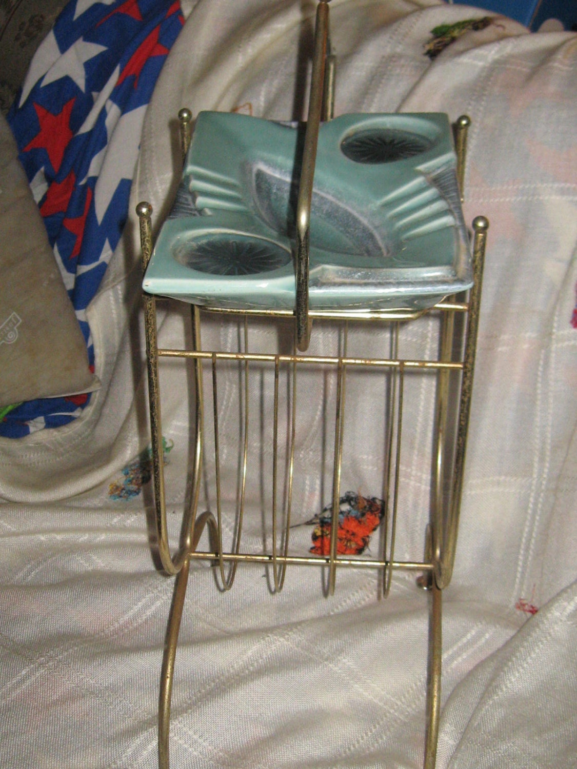 Vintage 1950s Pottery Smoking Stand Ashtray Wire Magazine rack