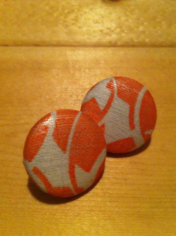 Coral and white retro fabric earrings