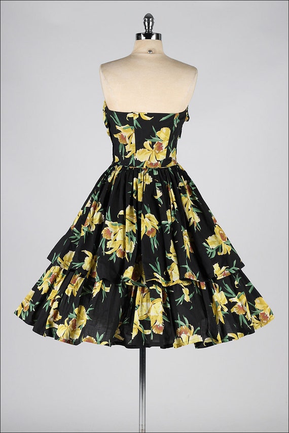 vintage 1950s dress . black yellow floral cotton . strapless