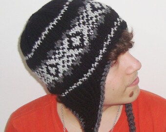 Wool Mens Hats Men's Winter Hat with Earflap in Black, Grey Hand Knitted Men Hat, Mens Gifts for Him