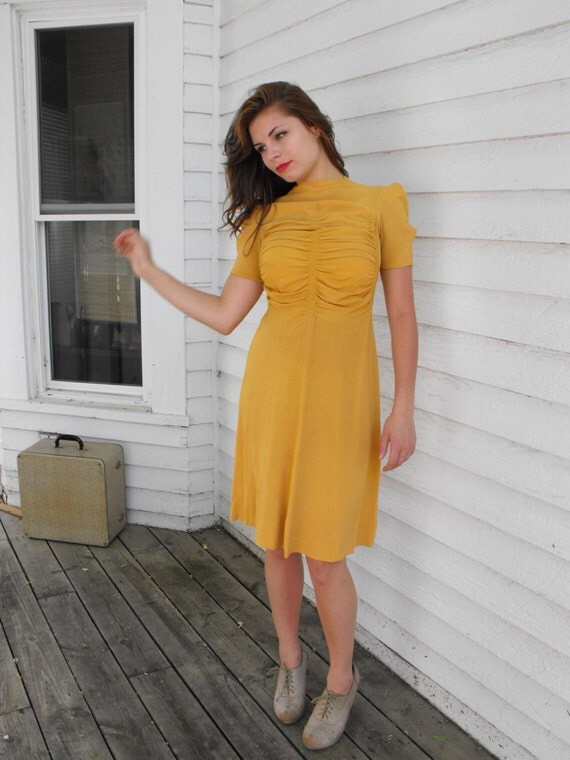 Vintage 30s Mustard Yellow Dress Marigold Fixer Upper TLC AS