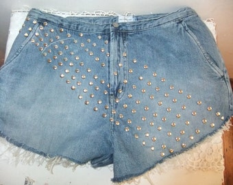 Distressed Denim Studded Shorts