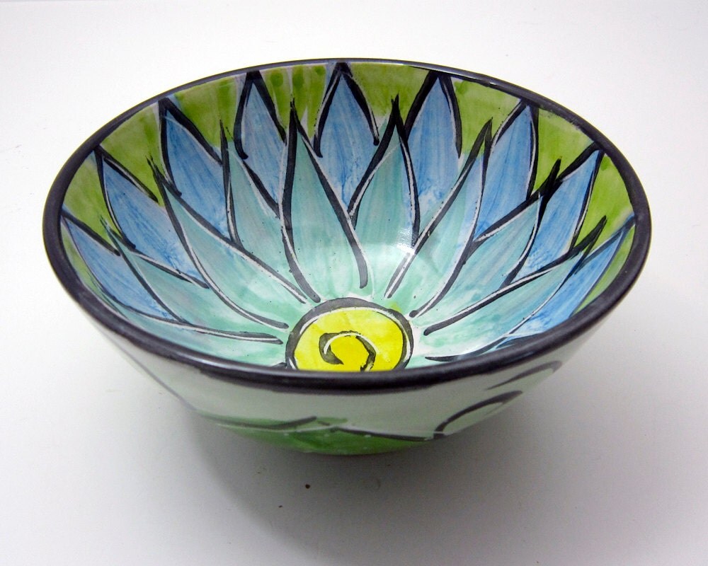 Ceramic Serving Bowl Lotus Flower Clay Majolica Pottery