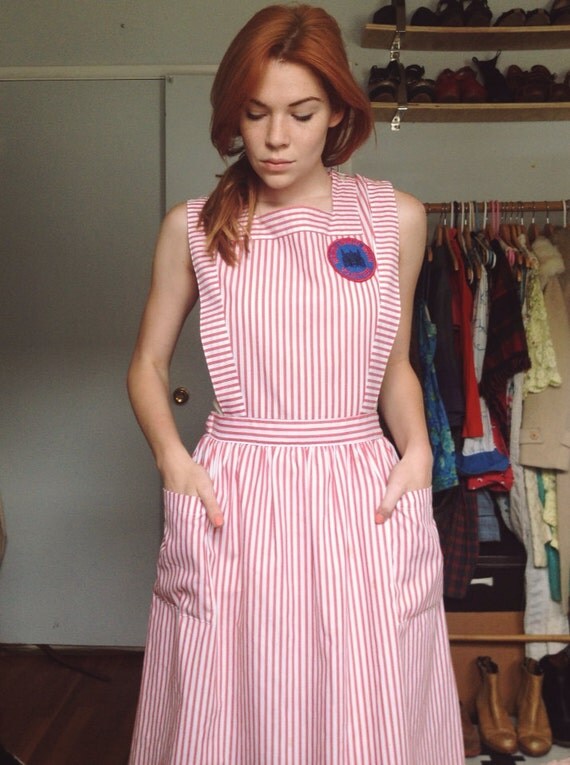 1970s Nurse Candy Striper Pinafore Dress Large