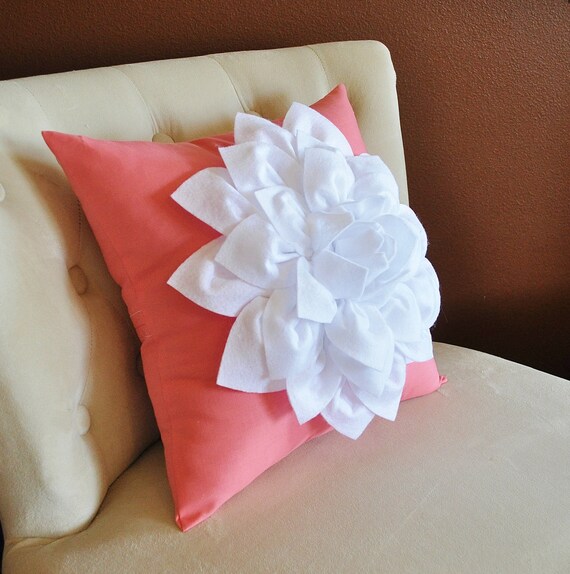 White Dahlia on Coral Pillow