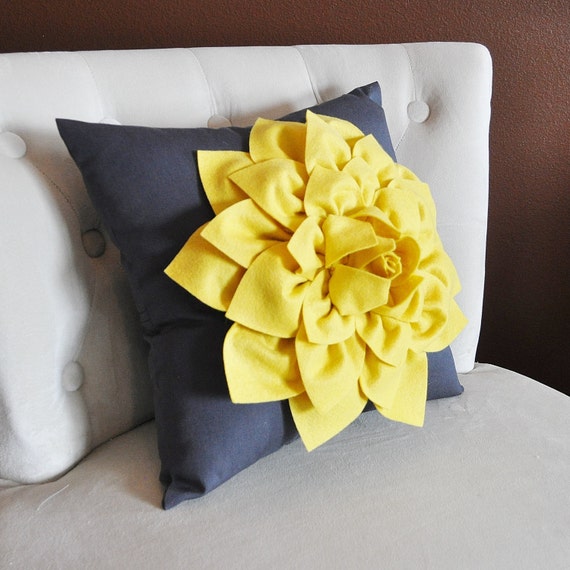 Mellow Yellow Dahlia Flower on Charcoal Gray Pillow Accent