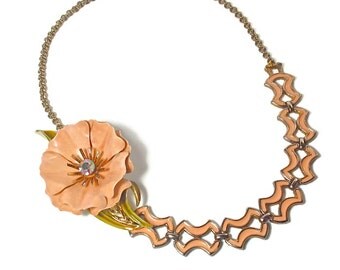 Upcycled, Repurposed Peach Flower Necklace, Statement Necklaces, Peach Wedding, Mother's Day Gift, Vintage