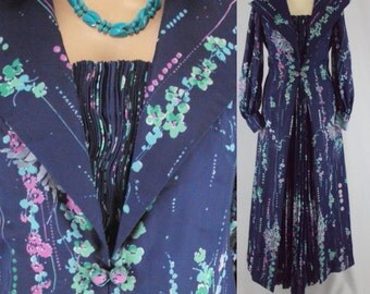 Dress Floral maxi size L blue dark multi color pleated dress 1950s Free shipping !!!