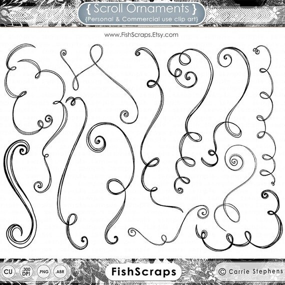 Decorative Scroll Ornaments, Hand Drawn Flourish, Digital Clip Art Swirls, Decorative Doodle Curls, PNG ClipArt + Photoshop Brush Il_570xn