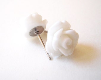 White Rose Stud Earrings- Surgical Steel Post Earrings- Flower Earrings- 10mm