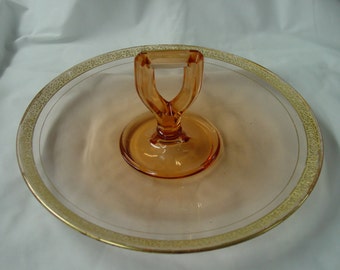 Round Rose Glass Serving Dish with Handle and Gold Trim