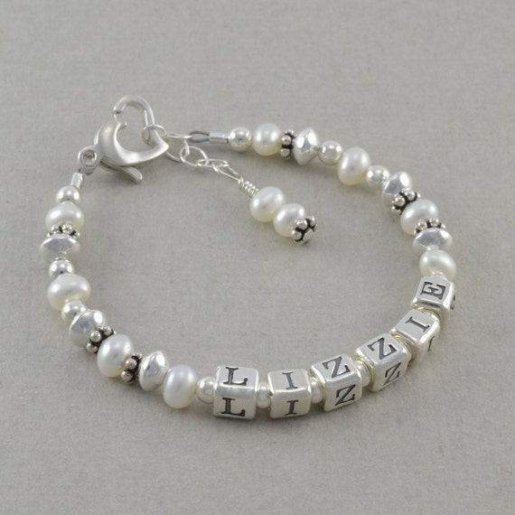Childs Name Bracelet White Pearls shower by SixSistersBeadworks