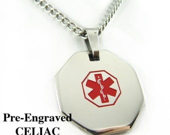 Pre-Engraved CELIAC DISEASE Medical Alert Necklace, Stainless Steel, P1