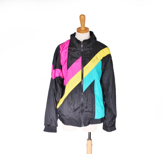 Vintage 80s Day Glo Windbreaker Jacket Coat Black Neon