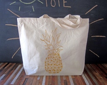 Canvas Tote - Screen Printed Recycled Cotton Grocery Bag - Large Tote Bag - Market Tote - Reusable and Washable - Eco Friendly - Pineapple