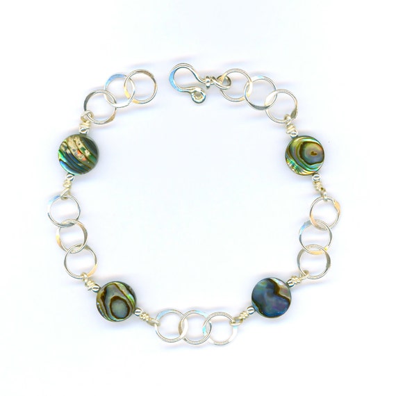 Items similar to Paua Shell Bracelet Silver Shell Chain Hammered Links ...