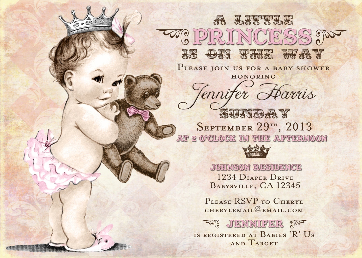 month baby card full template Bear Invitation Shower For Baby Crown Teddy Girl Princess